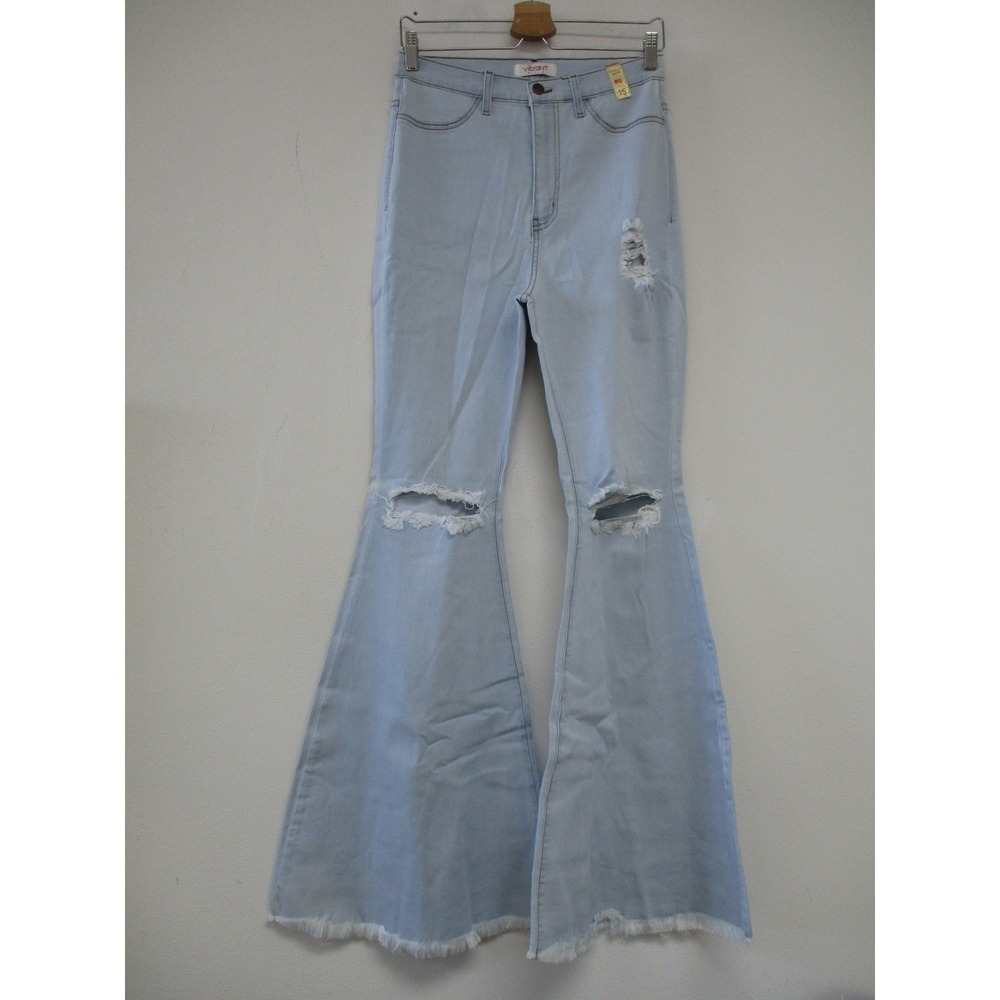 Vibrant Flare Jeans Womens 15 Light Blue Distressed Bell Bottom High Rise Frayed